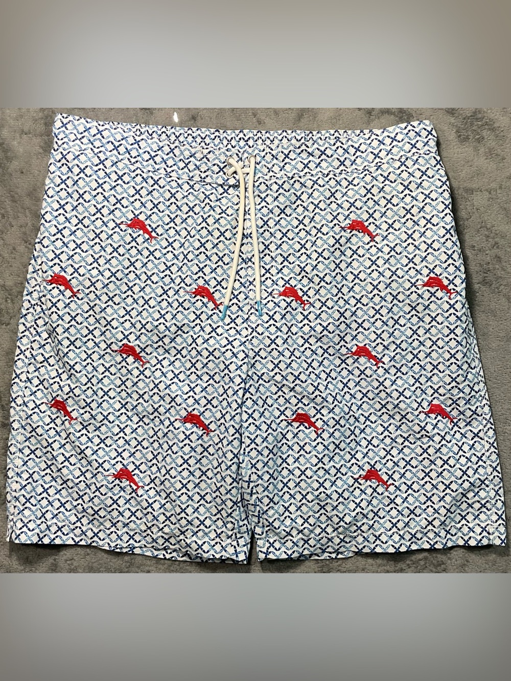 Tommy Bahama White & Blue Geometric Swim Shorts with Red Fish Embroidery